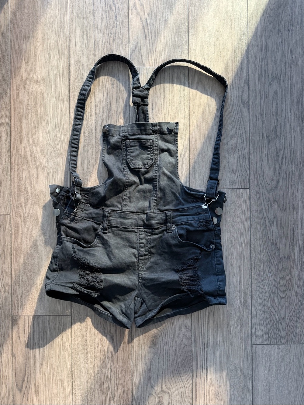 American Bazi Black Distressed Denim Short Overalls